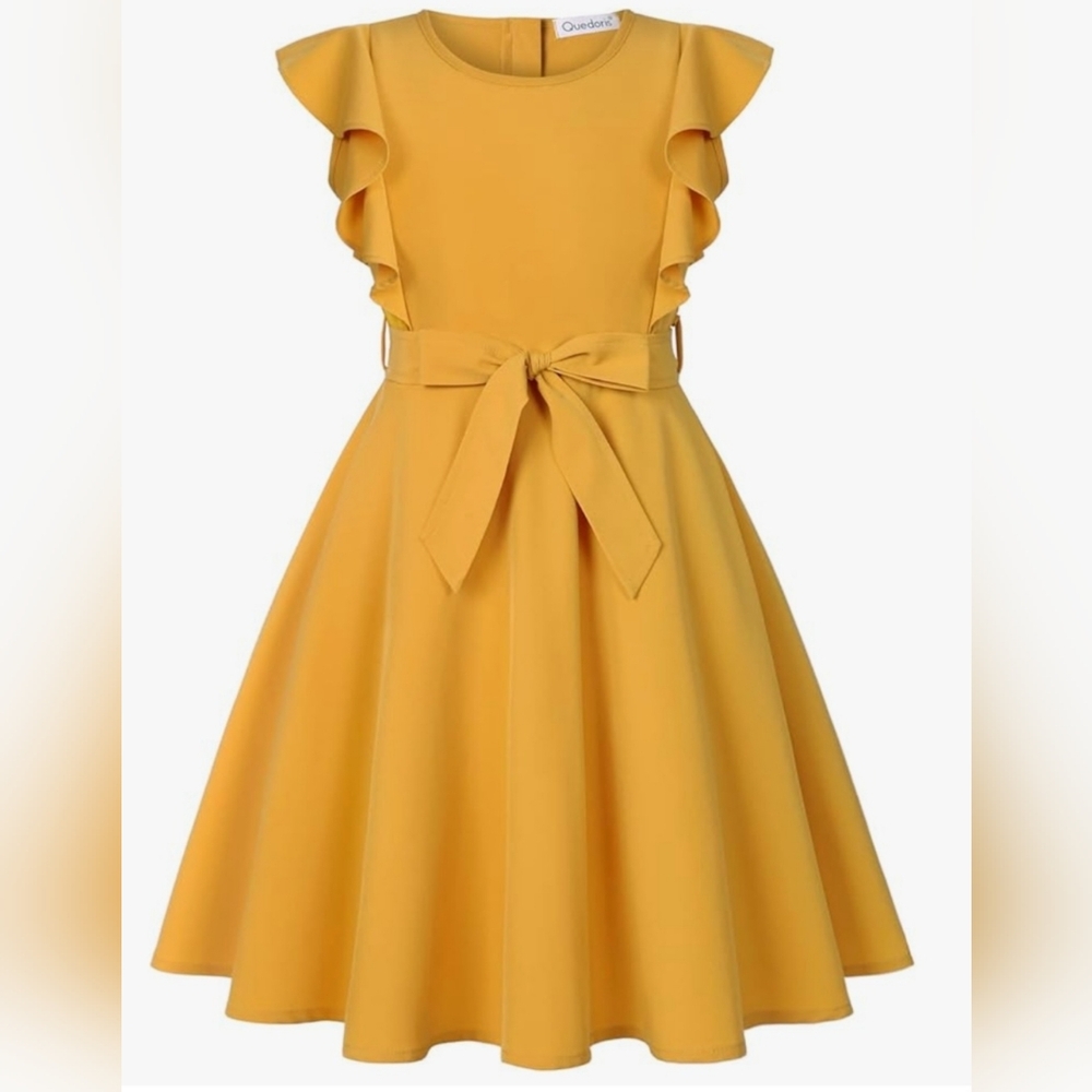 Quedoris Yellow Flowy Ruffle Dress with belt